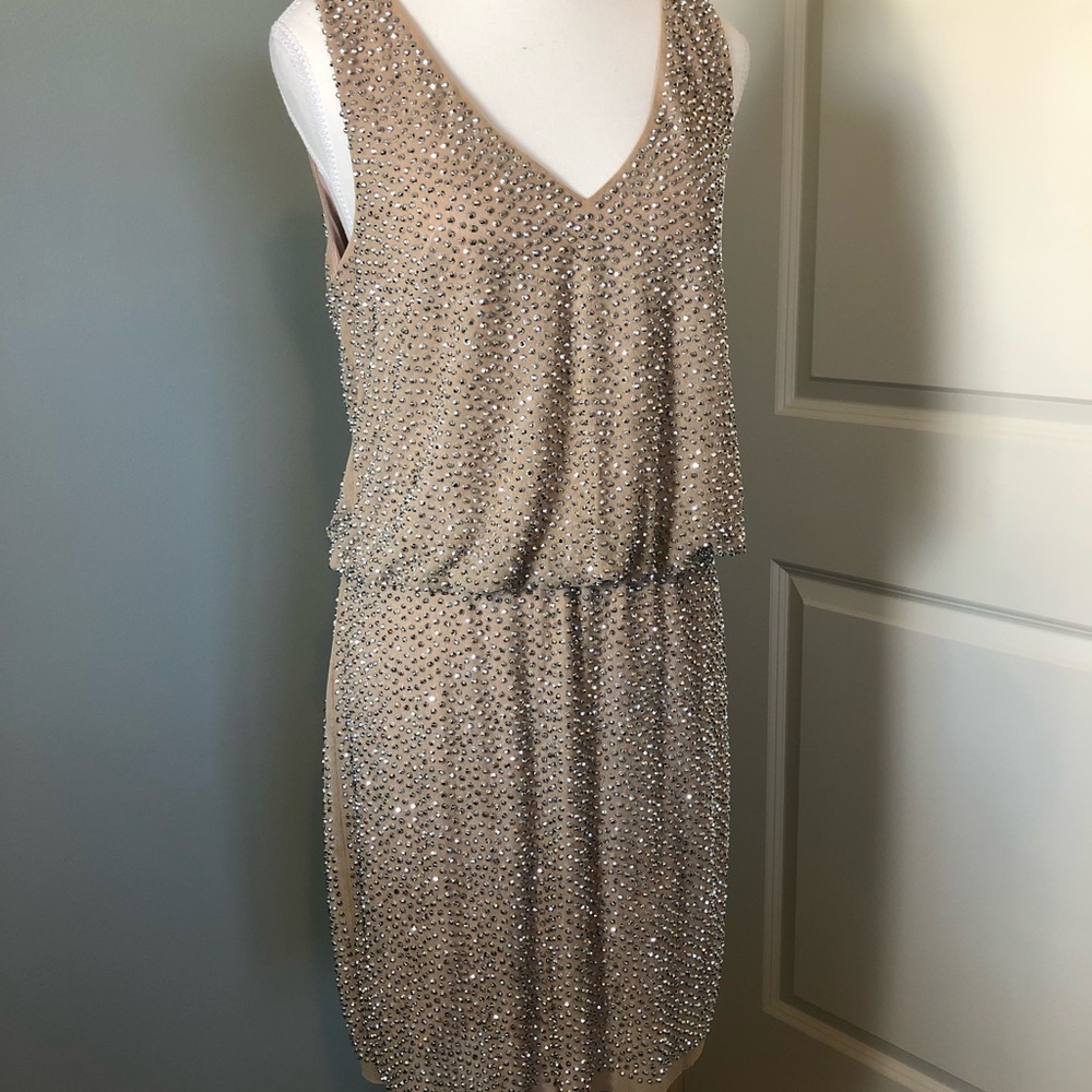 Cache Vintage Silver Beaded Nude Color Dress.  Made in USA Size 8